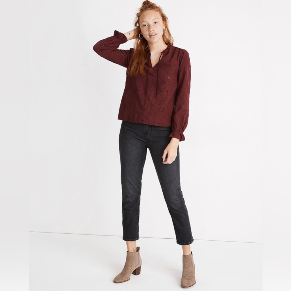 Madewell Embroidered Eyelet Ruffled Popover Top‎ Maroon Womens Size Small EUC